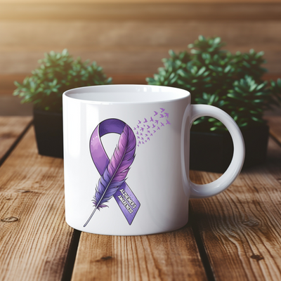 a coffee mug with a purple ribbon on it