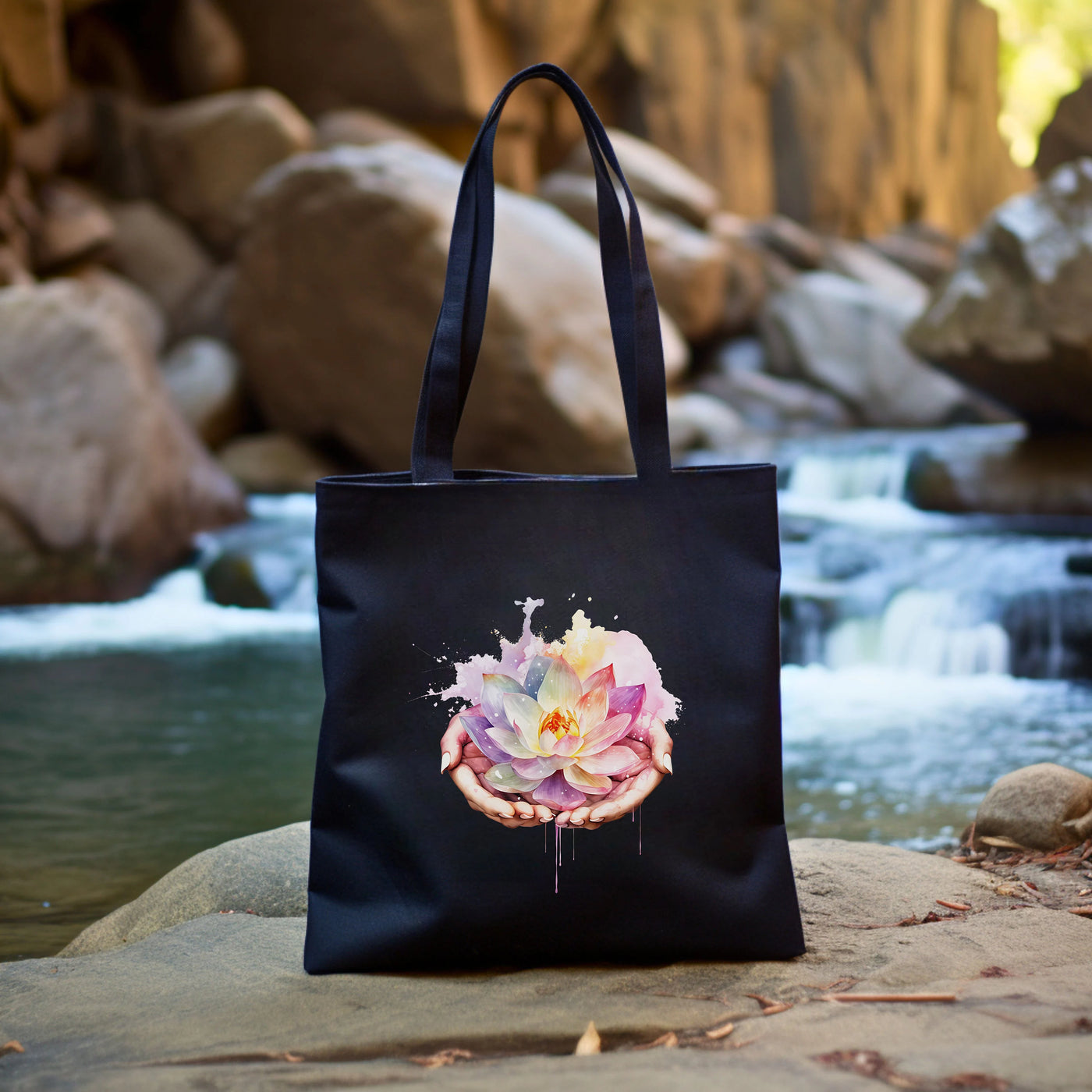 a black bag with a picture of a flower on it