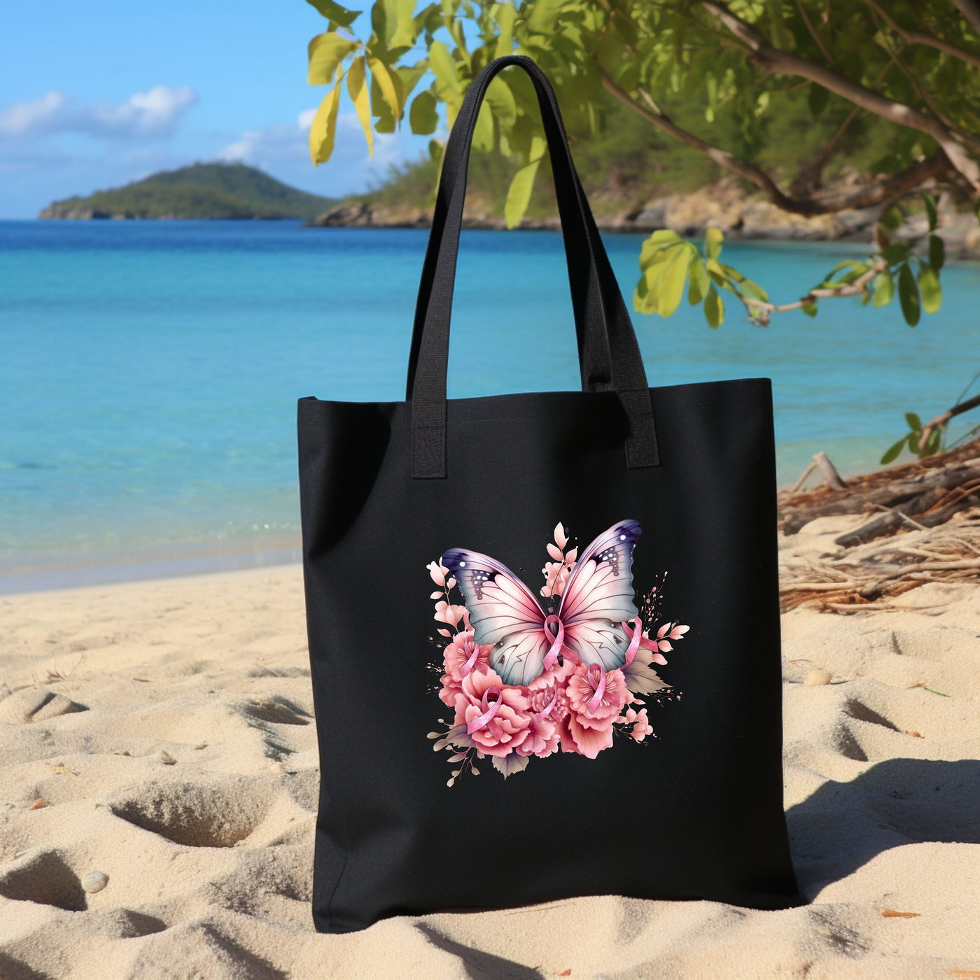 a black bag with a picture of a butterfly on it