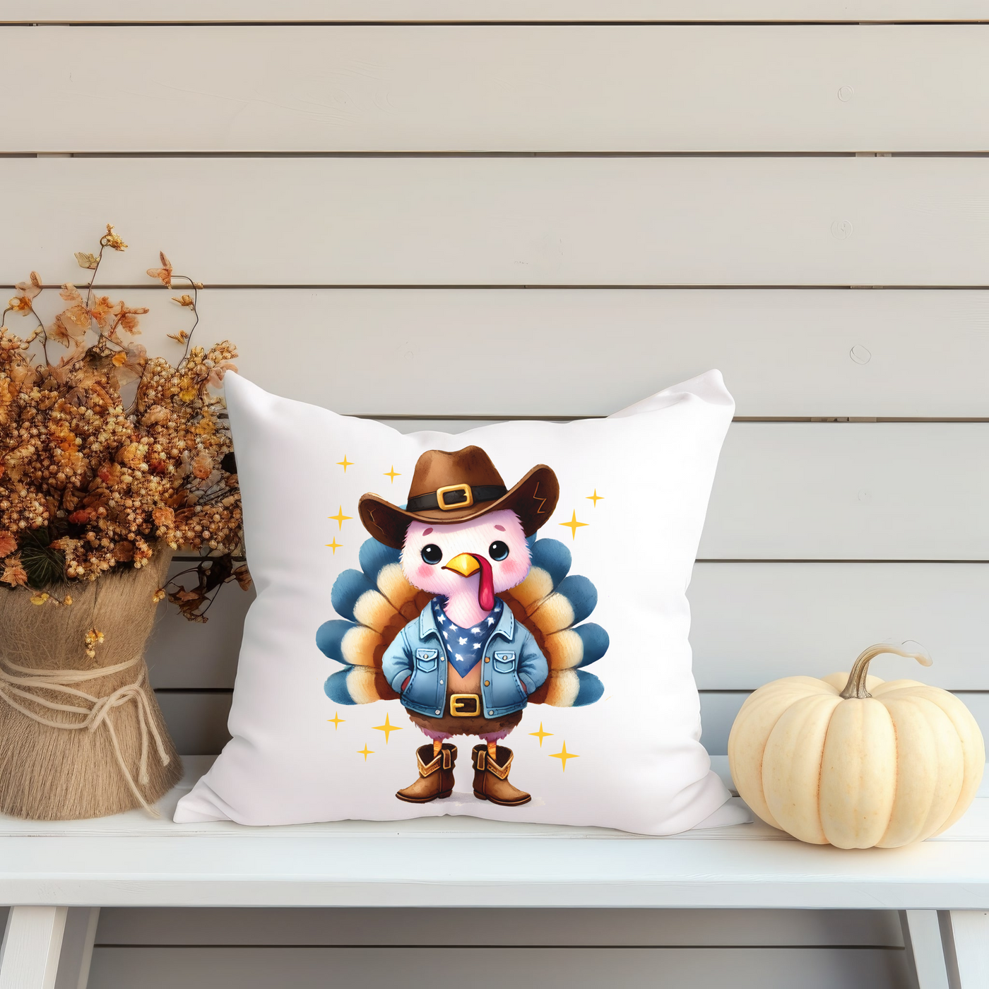 a pillow with a turkey wearing a cowboy hat