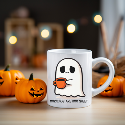 a white coffee mug with a ghost on it