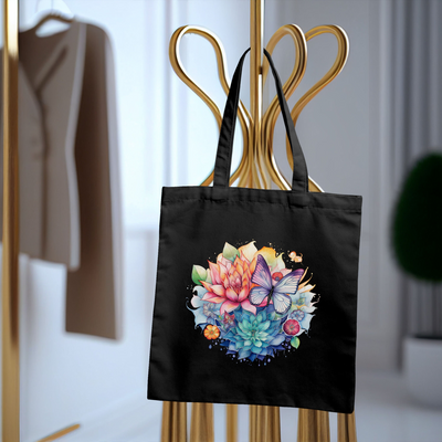 a black shopping bag with a picture of a bouquet of flowers