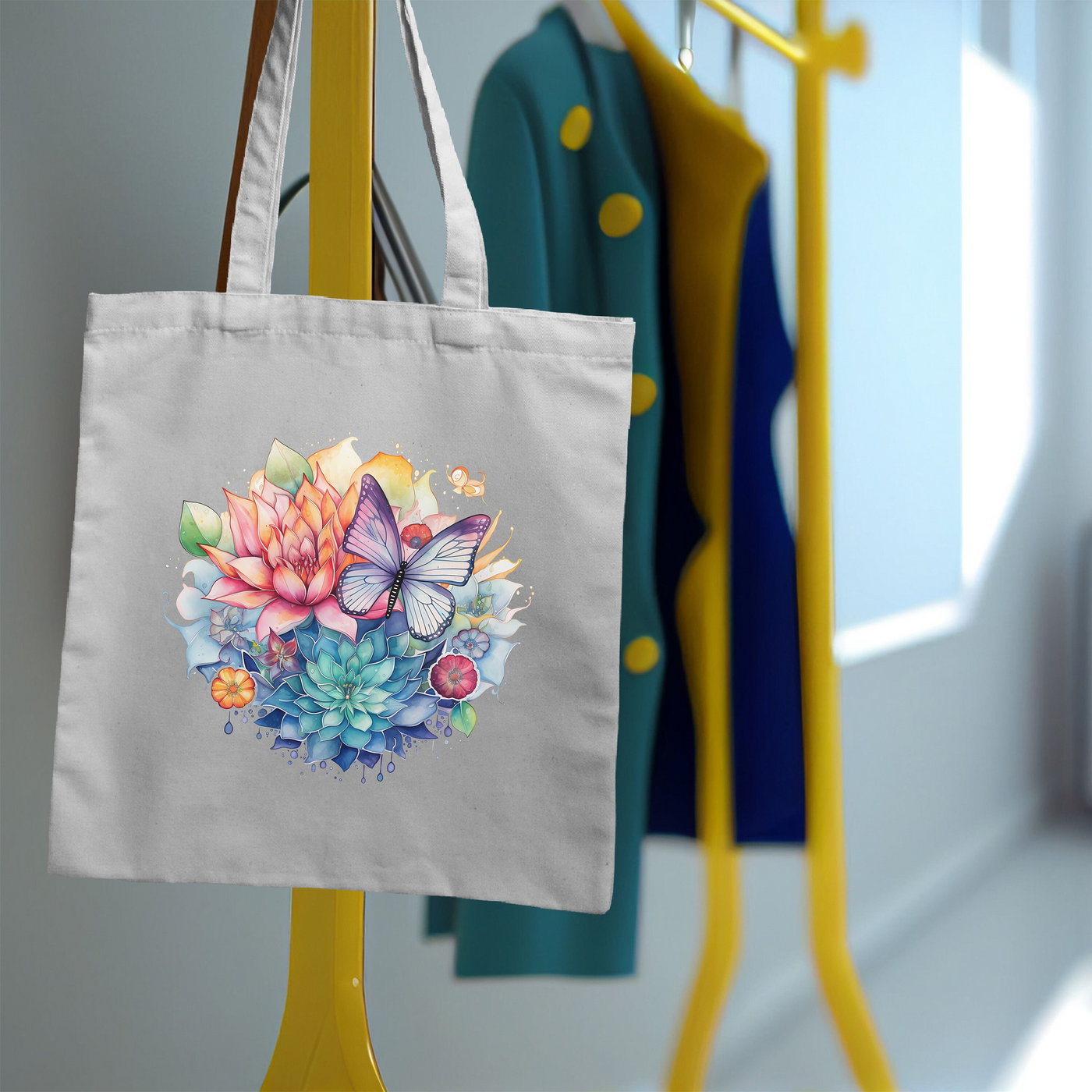 a tote bag with a picture of a flower bouquet on it