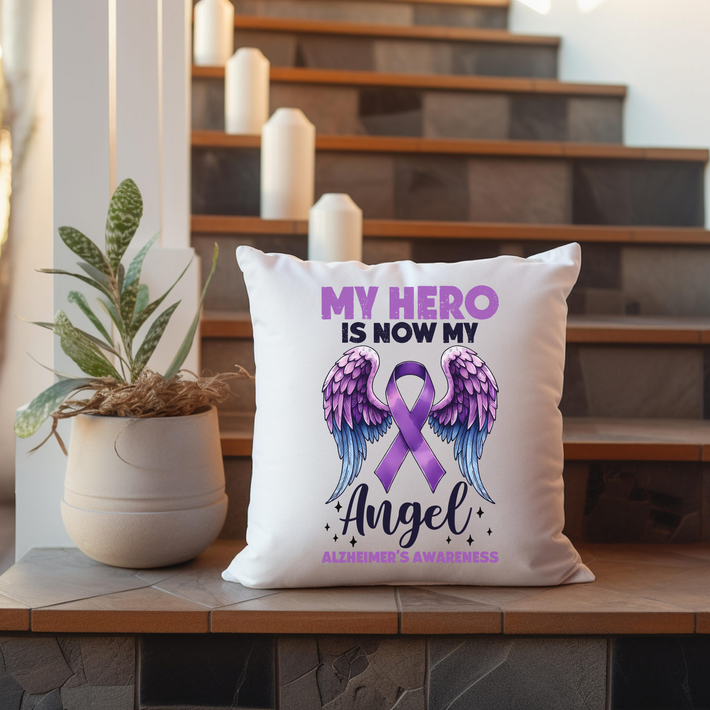 a pillow that has a purple ribbon on it