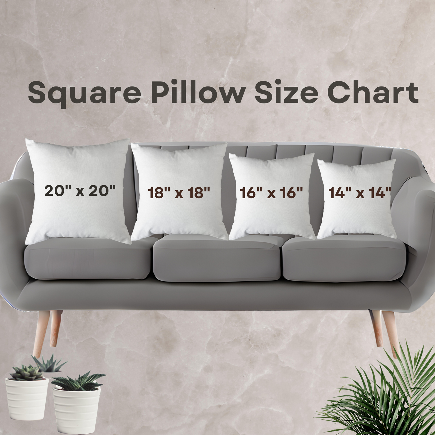 a couch with four pillows and a plant in front of it