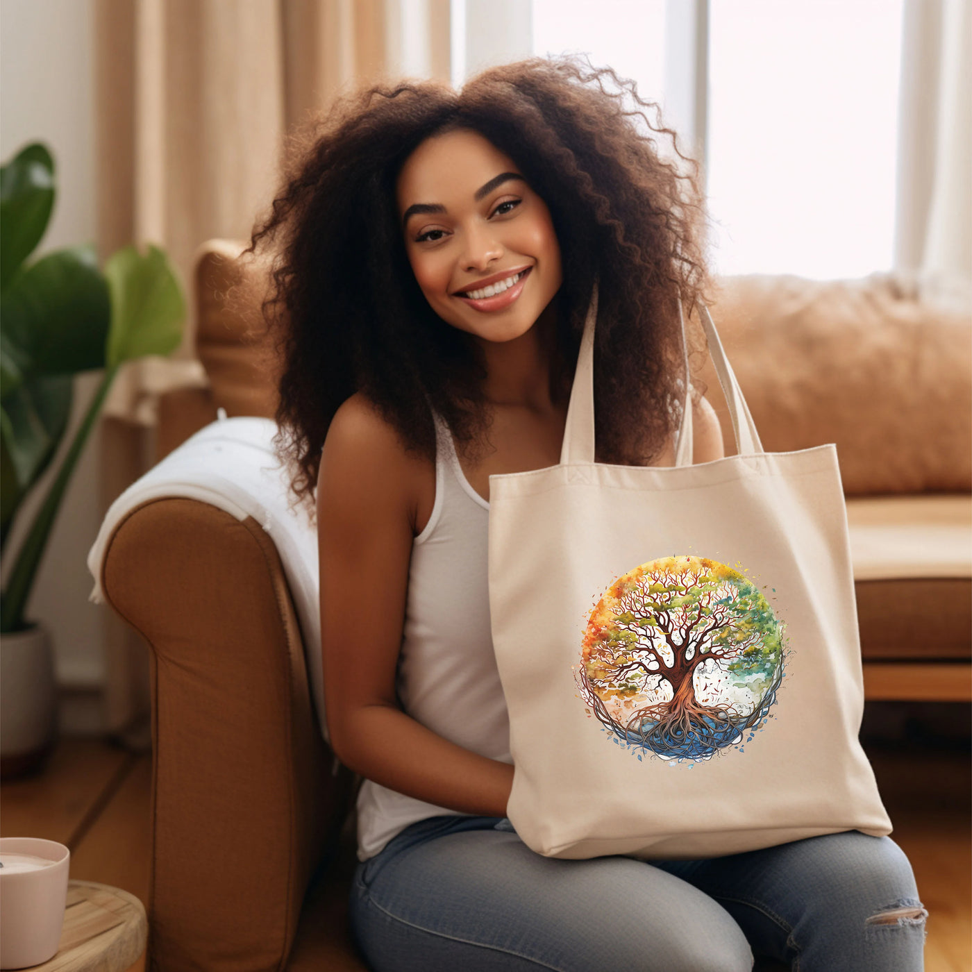 a woman sitting on a couch holding a tote bag