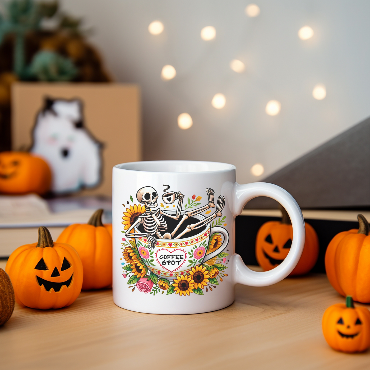 a white coffee mug sitting on top of a wooden table