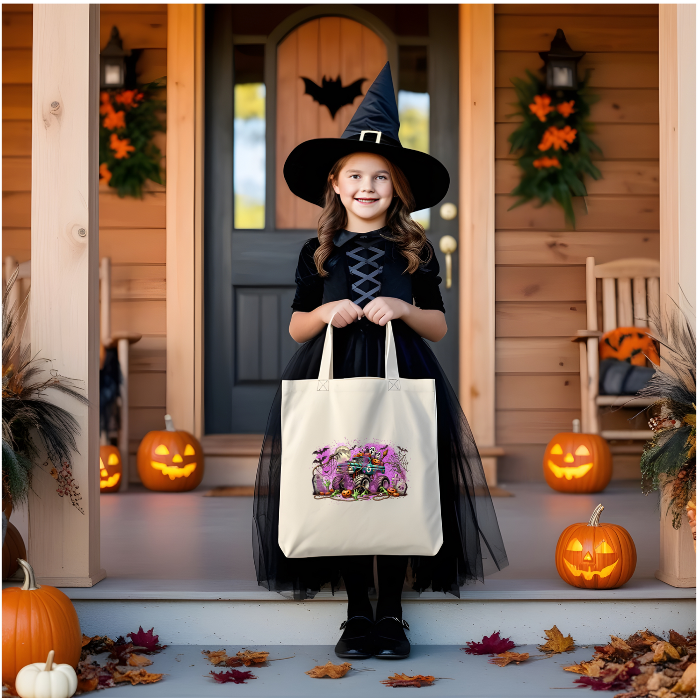 a little girl in a witch costume holding a trick bag