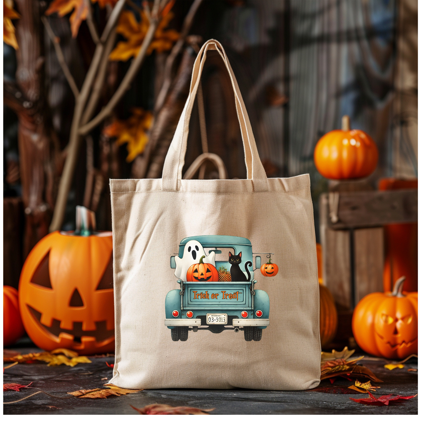 a tote bag with a picture of a truck with pumpkins on it