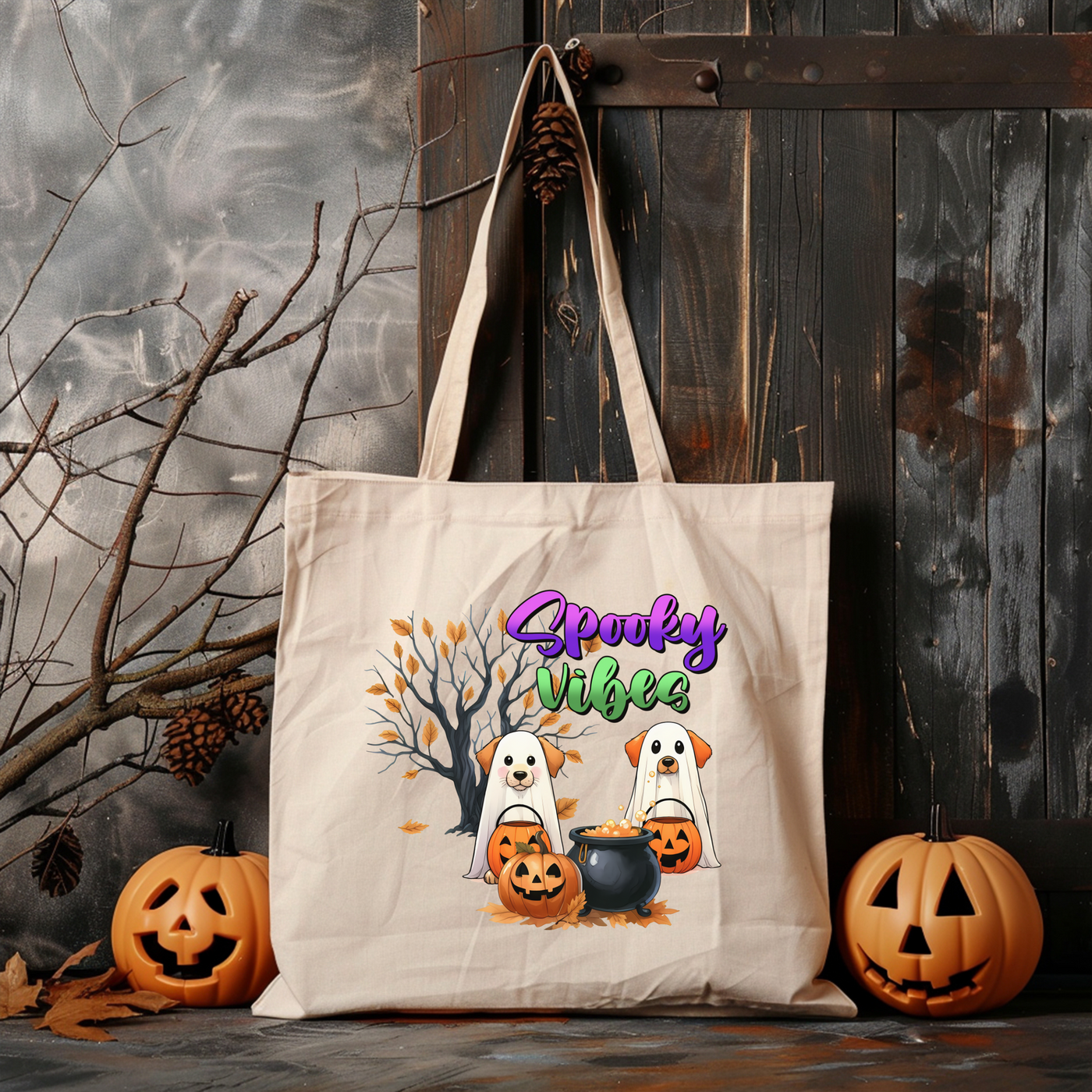 a tote bag sitting next to two jack - o'- lanterns