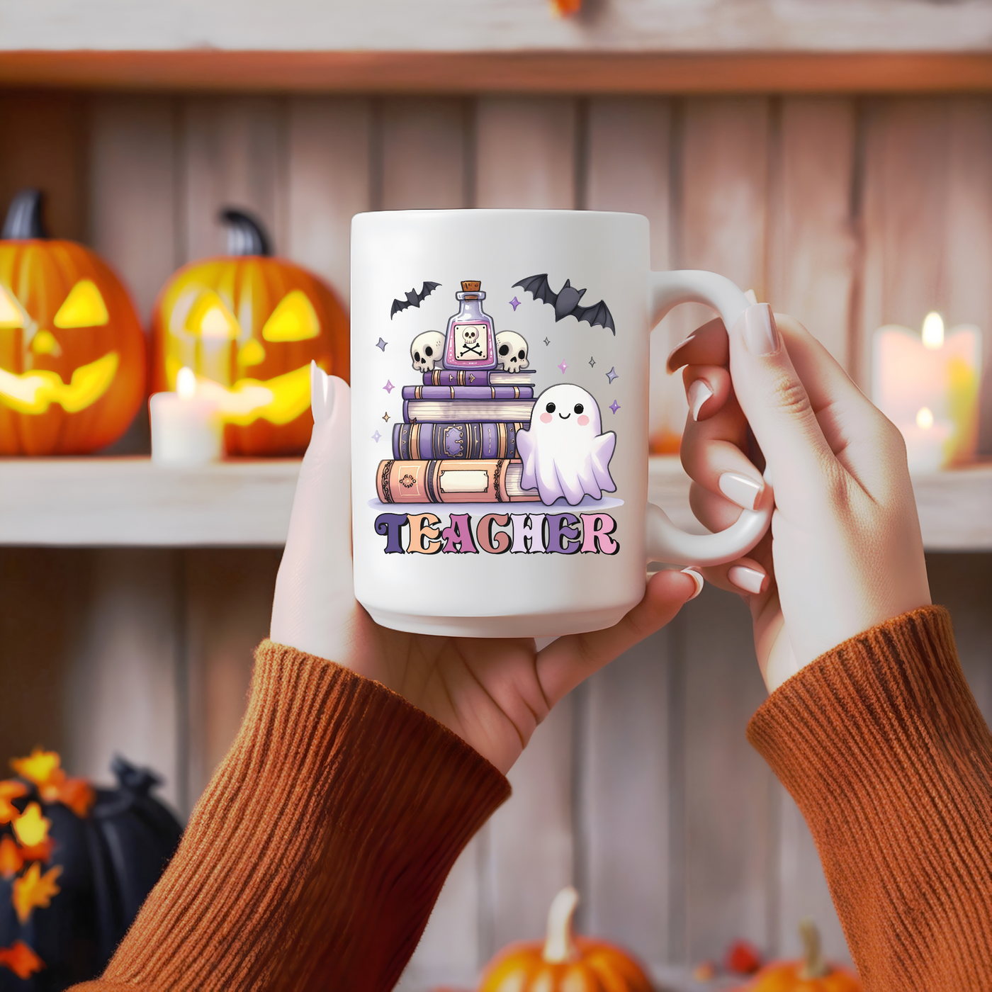 a person holding a coffee mug in front of a shelf