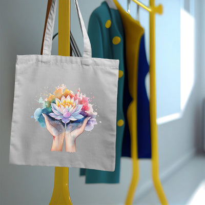 a tote bag with a picture of a lotus on it