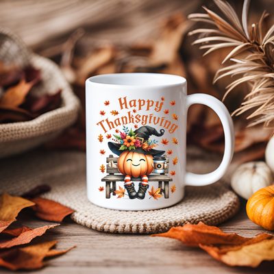 a white coffee mug with a happy thanksgiving design