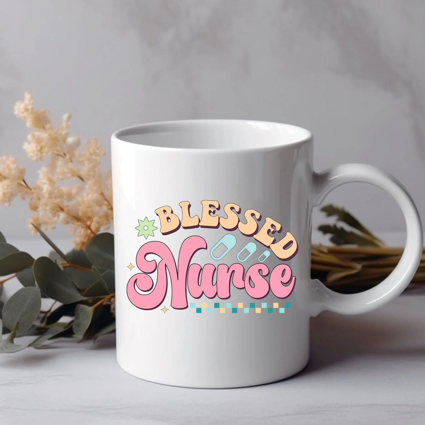 a white coffee mug with the words, blessed nurse on it