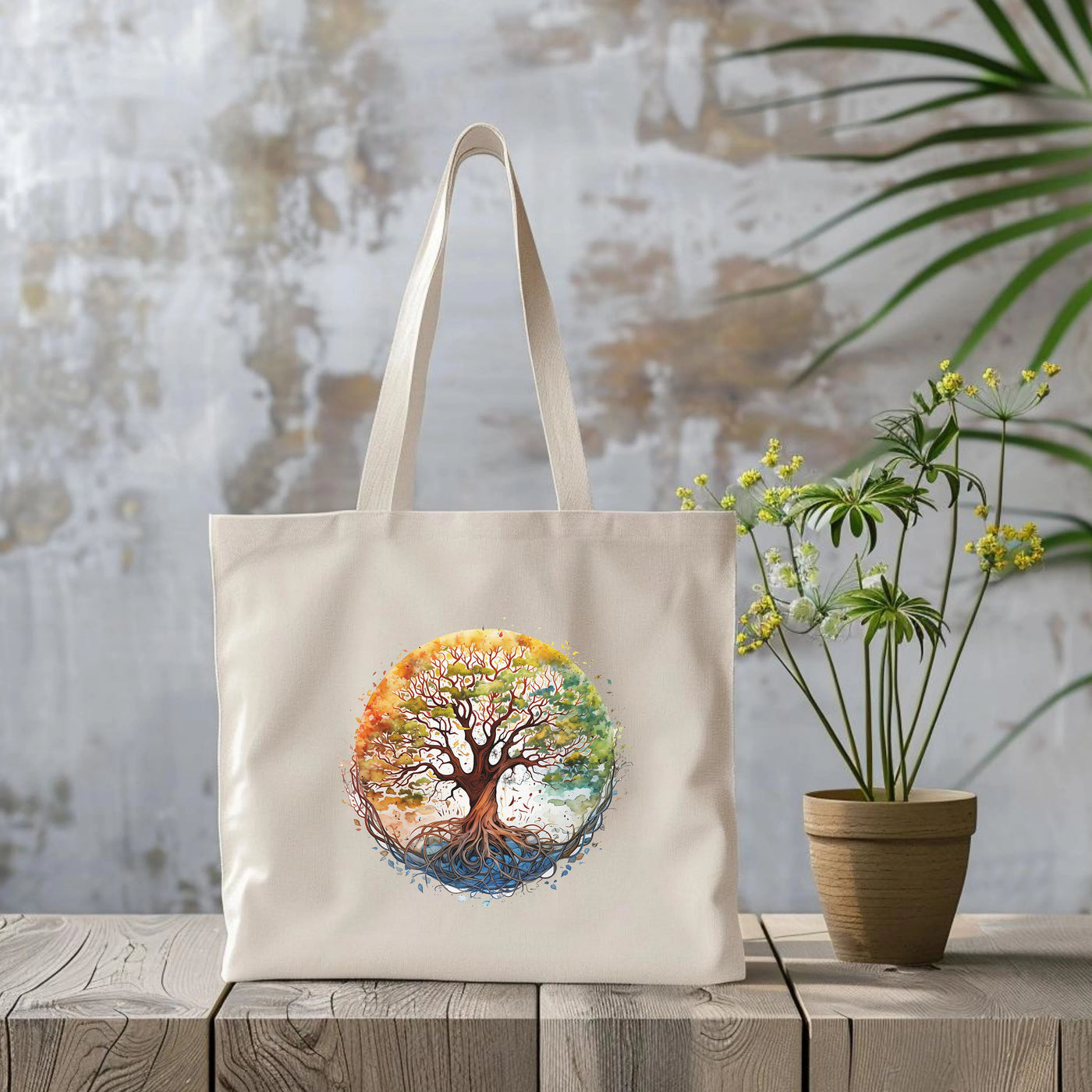 a white tote bag with a tree on it