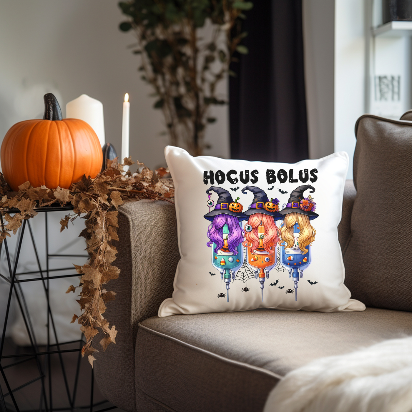 a couch with a pillow that says hoccus bolus on it