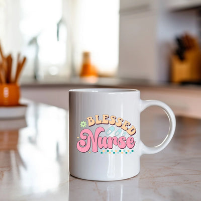 a white coffee mug sitting on top of a counter