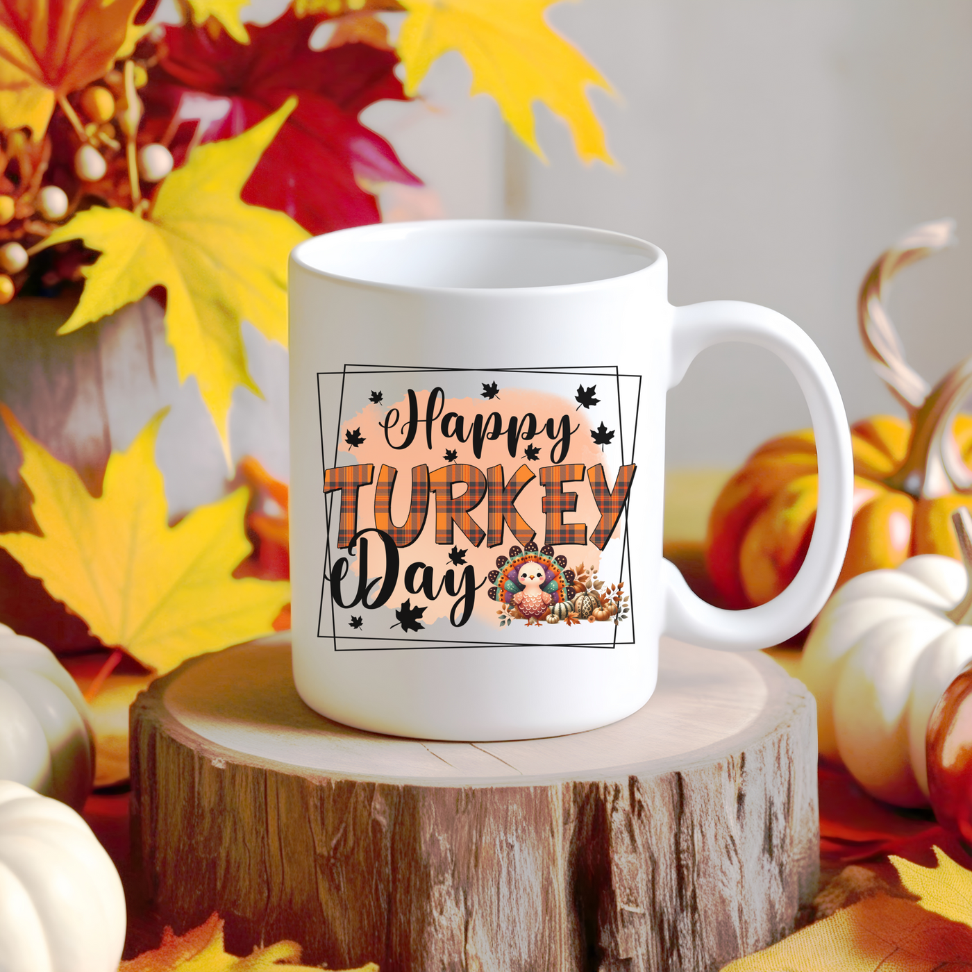 a happy turkey day coffee mug sitting on top of a tree stump