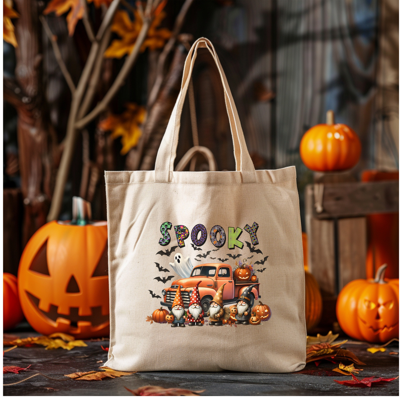 a tote bag with a picture of a truck and pumpkins