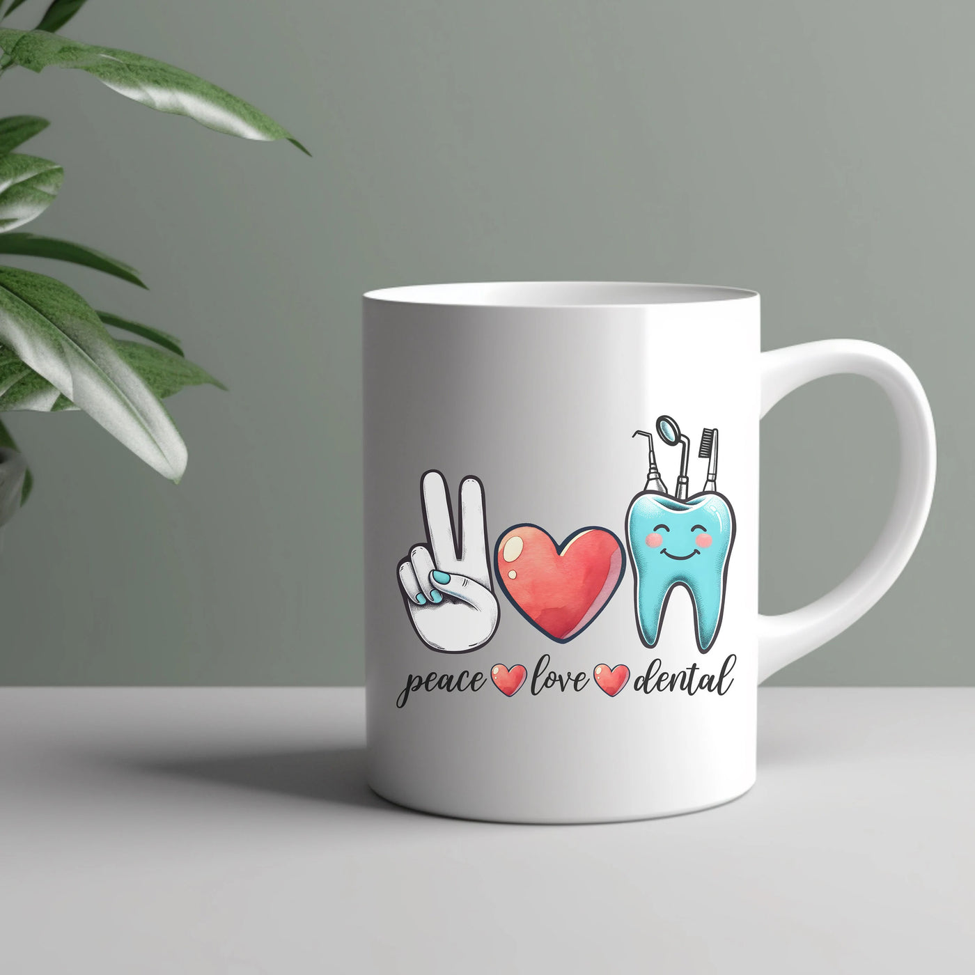 a white coffee mug with peace love dental on it