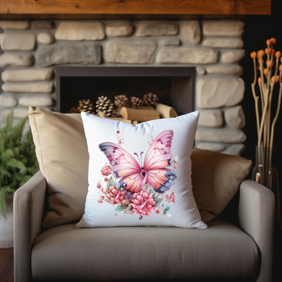 a butterfly pillow sitting on a chair in front of a fireplace