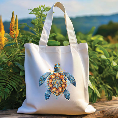 a white tote bag with a picture of a turtle on it