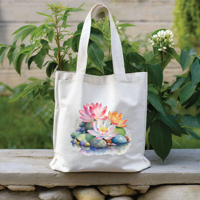 a white bag with a painting of flowers on it