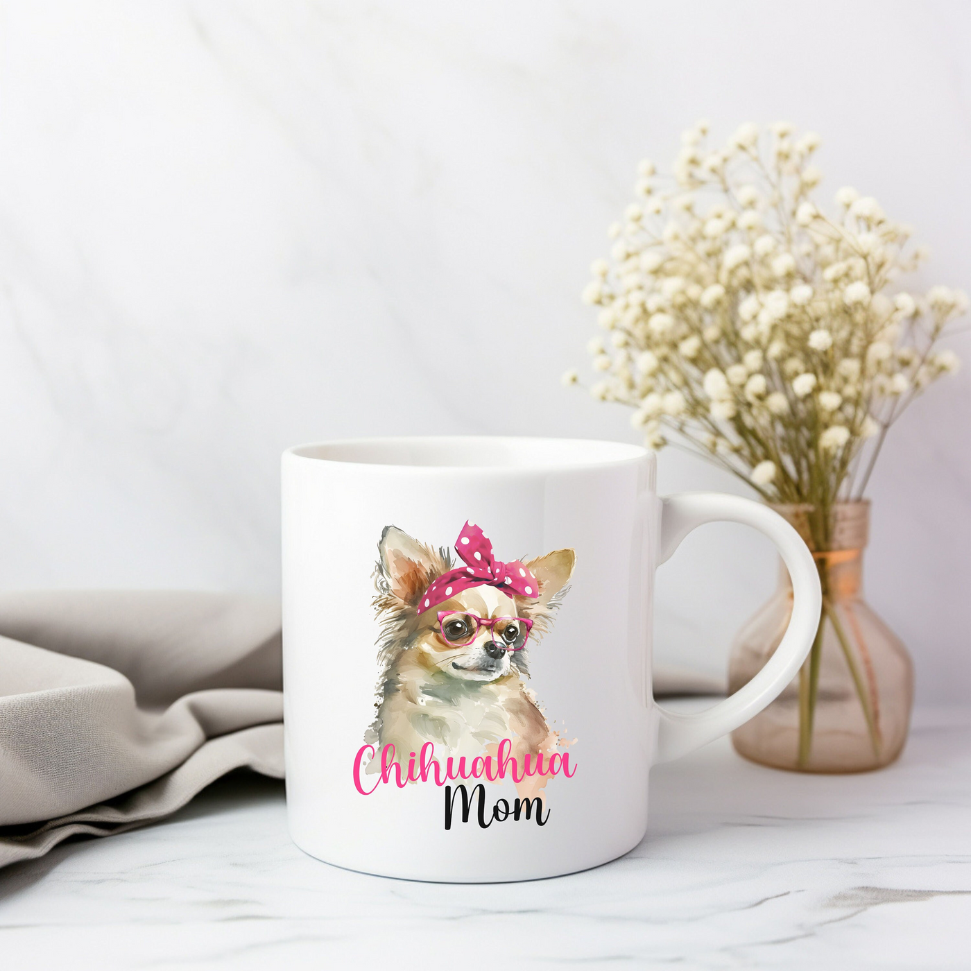 a white coffee mug with a picture of a chihuahua on it