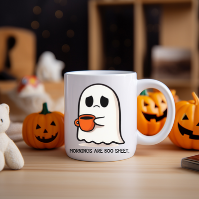 a white coffee mug with a ghost on it