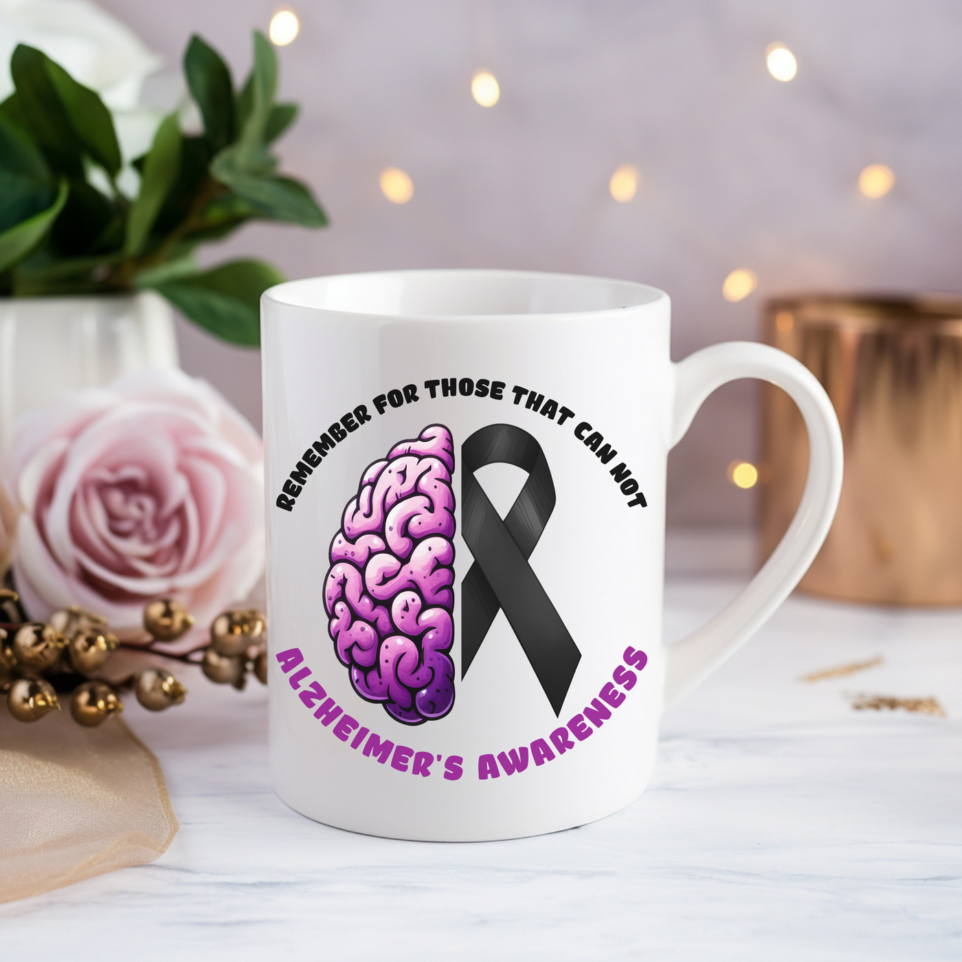 a white coffee mug with a brain cancer ribbon on it