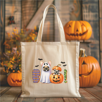 a trick or treat bag with a dog and ghost on it