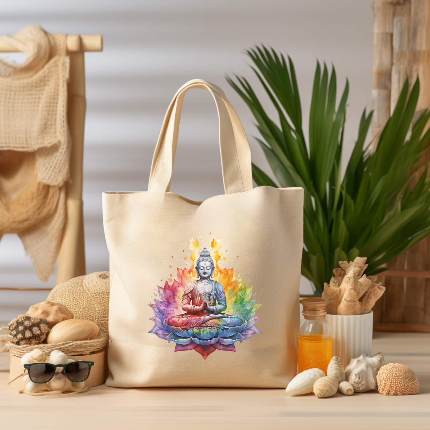 a canvas bag with a buddha image on it