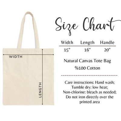 the size chart for a natural canvas tote bag