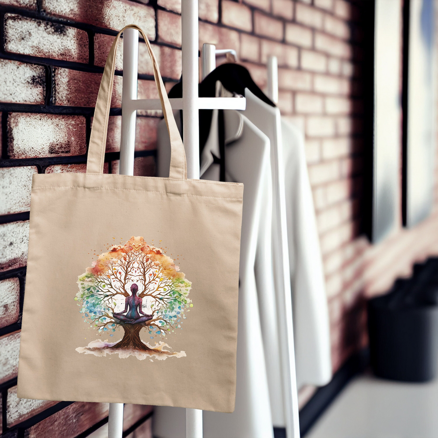 a tote bag hanging on a rack next to a brick wall