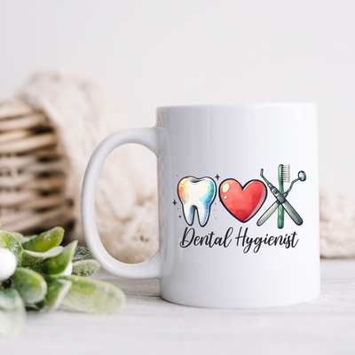 a white coffee mug with a toothbrush and a heart on it