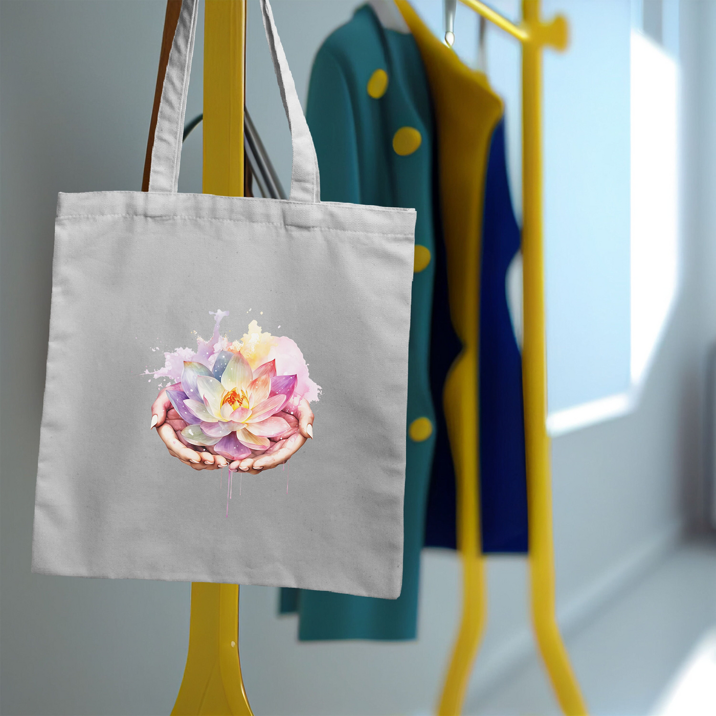 a tote bag hanging on a clothes rack