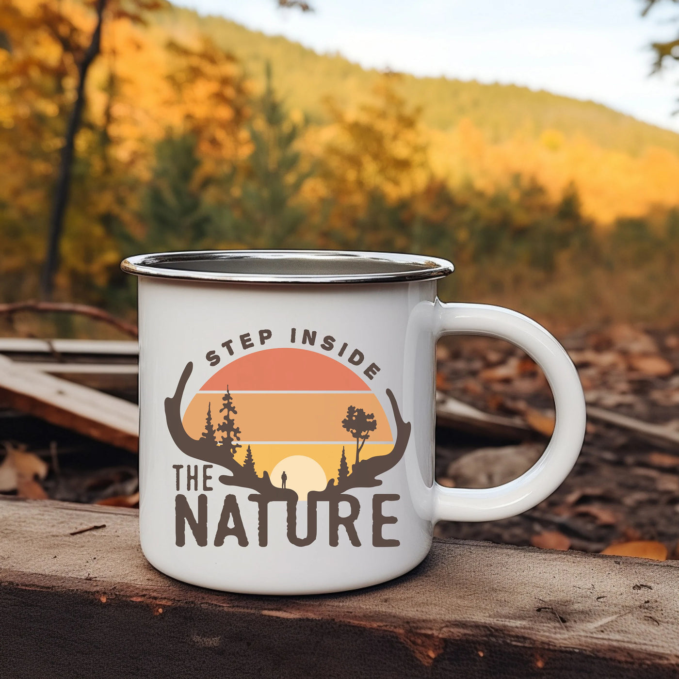 a white coffee mug sitting on top of a wooden table