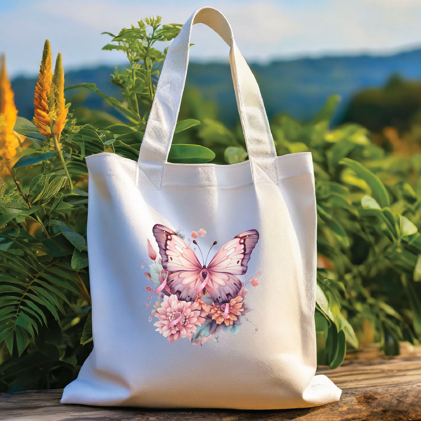 a white bag with a butterfly painted on it