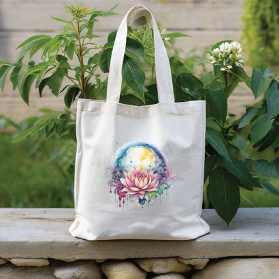 a white tote bag with a picture of a flower on it