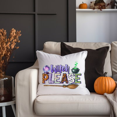 a couch with a pillow that says witch please