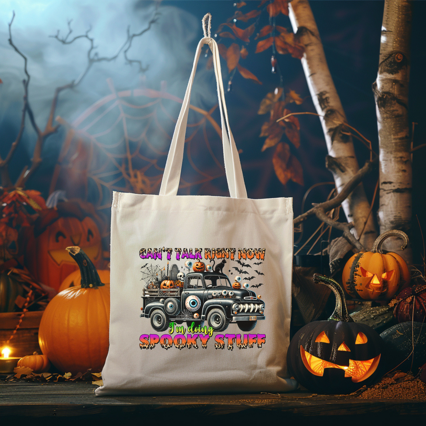 a trick or treat tote bag sitting next to pumpkins