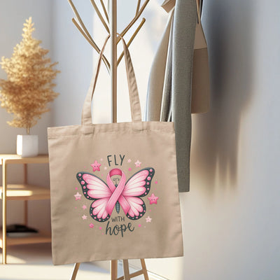 a canvas bag with a pink butterfly on it