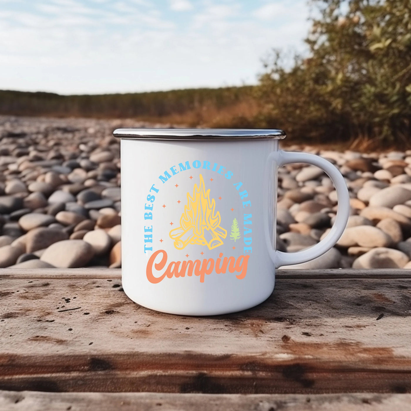 a white campfire mug sitting on a wooden table