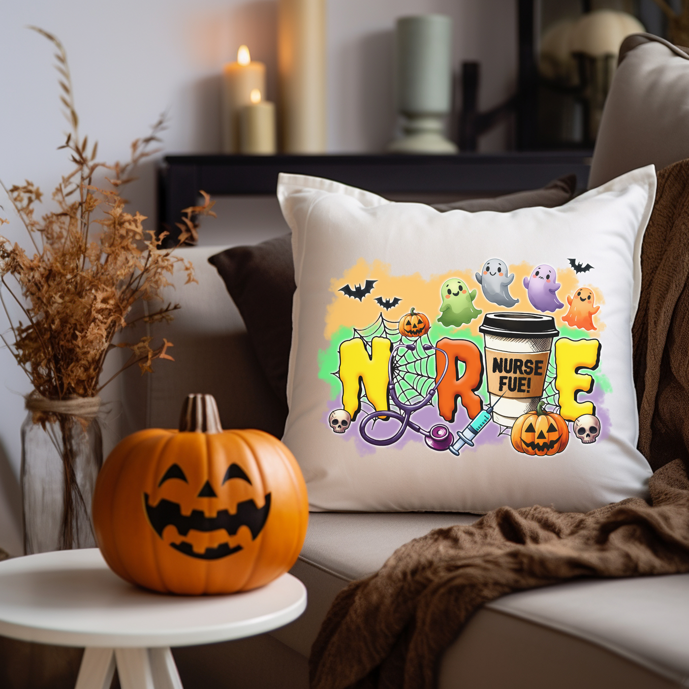 a white pillow sitting on top of a couch next to a pumpkin