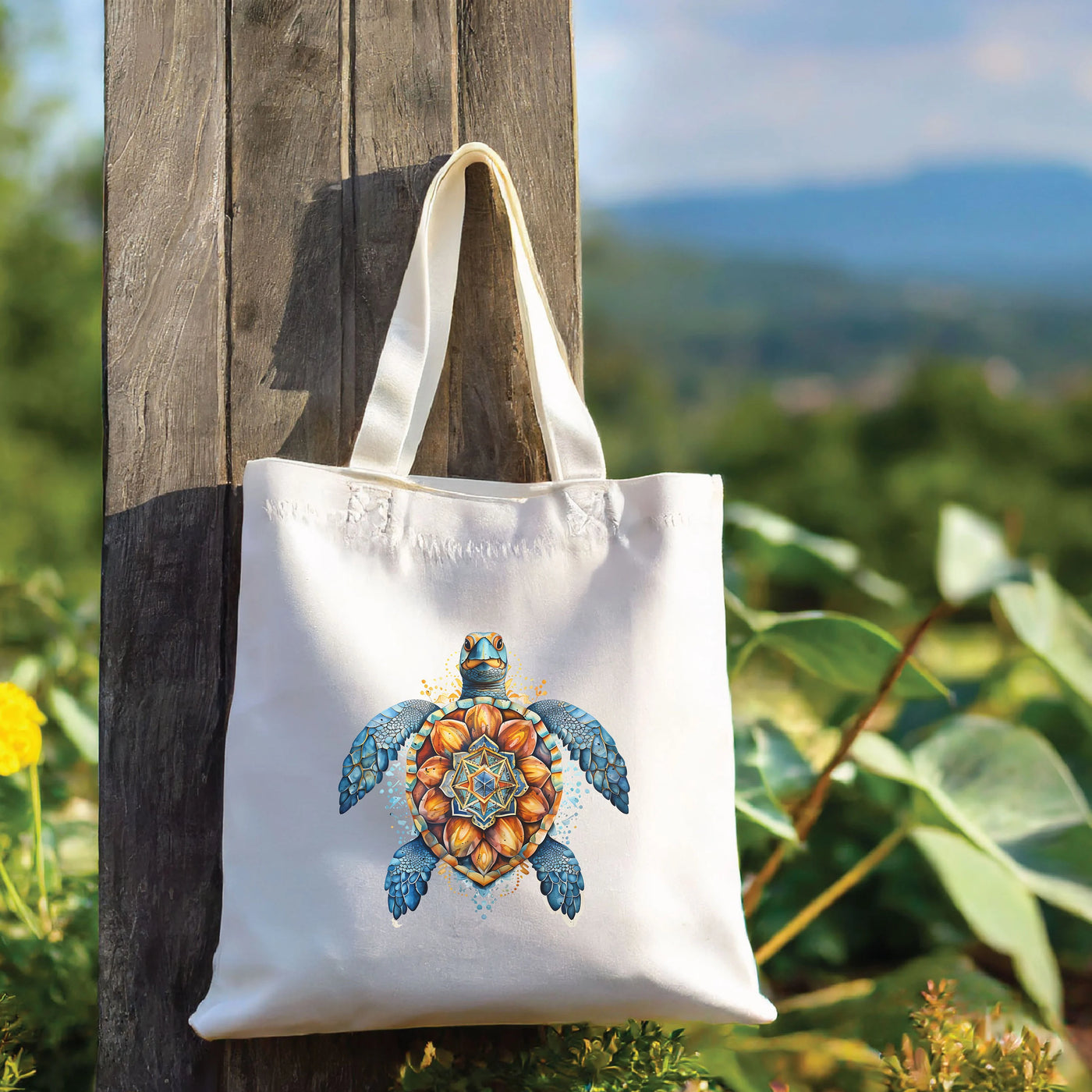 a white bag with a picture of a turtle on it