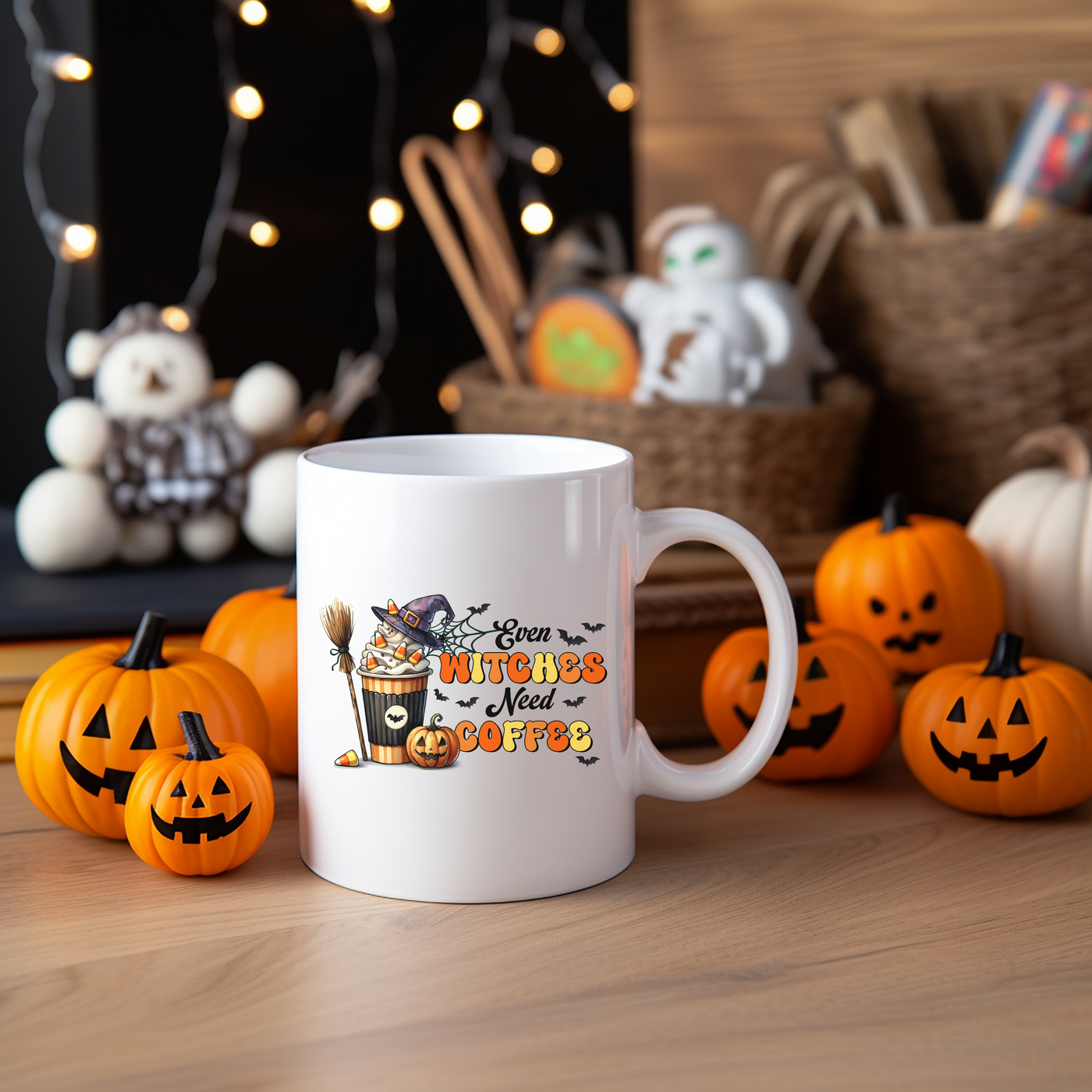 a white coffee mug sitting on top of a wooden table