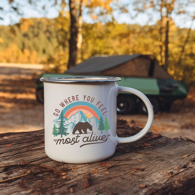 a white coffee mug sitting on top of a tree stump