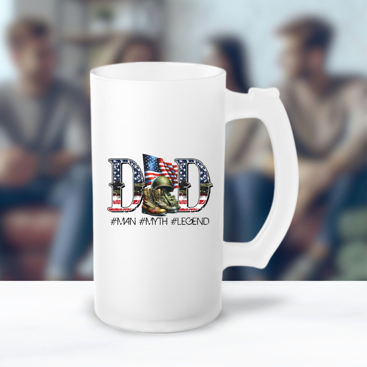 a white coffee mug with the words dad and american flag on it