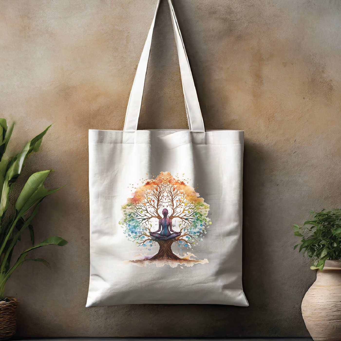 a tote bag hanging on a wall next to a potted plant