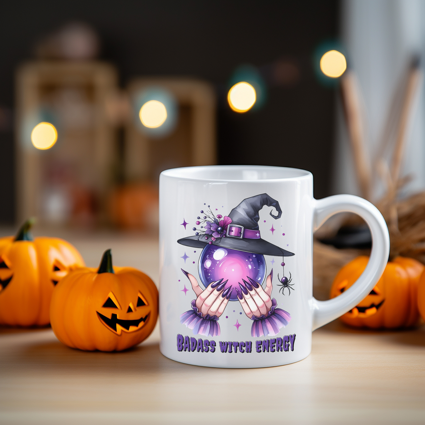 a white coffee mug with a witch on it